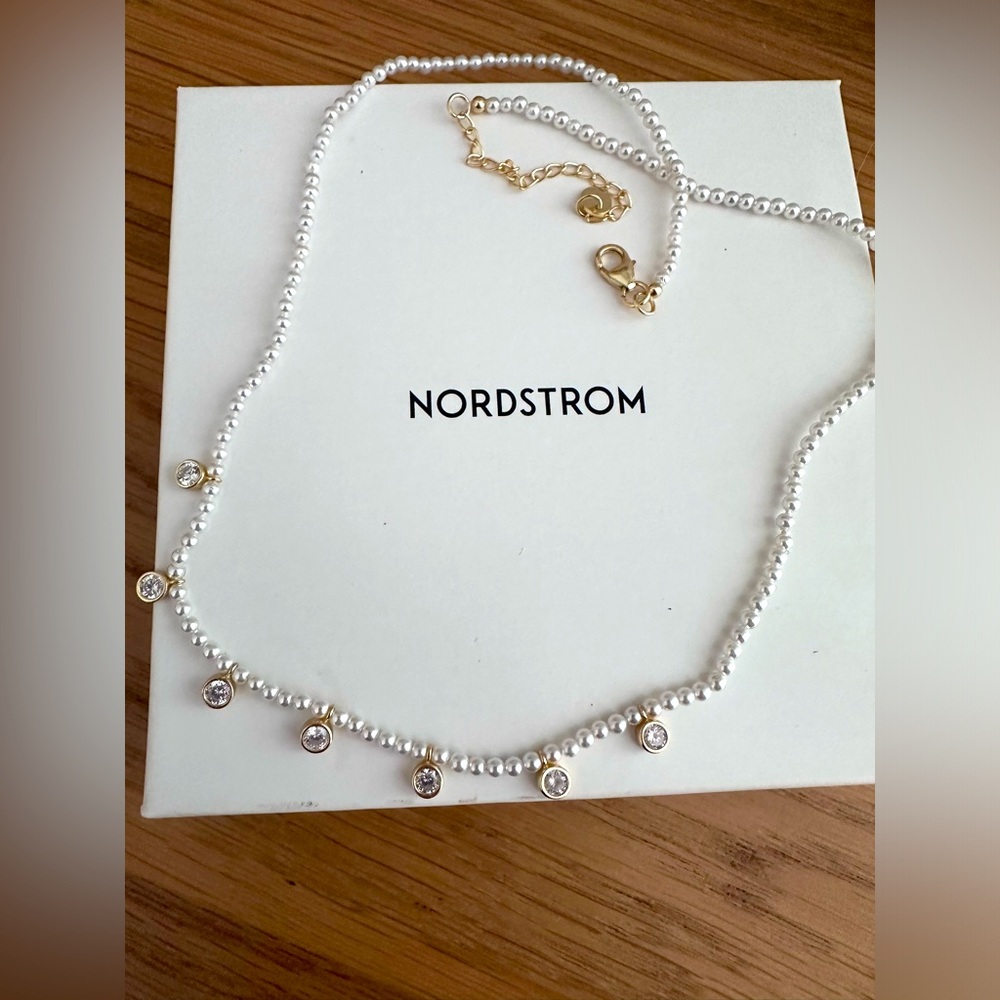 Beaded fresh water mini pearl with 18k gold plated diamond necklace